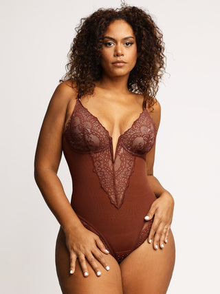 Shapewear Lace Deep-V Neck Bodysuits or Faux Leather Skirts Lace Deep-V(Run Small) Brown