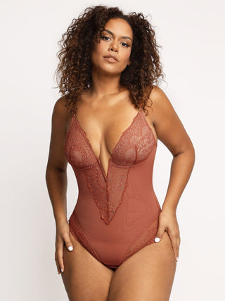 Shapewear Lace Deep-V Neck Bodysuits or Faux Leather Skirts Lace Deep-V(Run Small) Chocolate