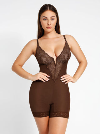 Shapewear Lace Deep-V Neck Bodysuits or Faux Leather Skirts Lace Deep-V Short Bodysuit Brown