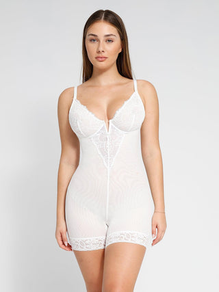 Shapewear Lace Deep-V Neck Bodysuits or Faux Leather Skirts Lace Deep-V Short Bodysuit White