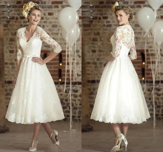 Damen Hochzeitskleid mit langen Ärmeln und V-Ausschnitt | Midi