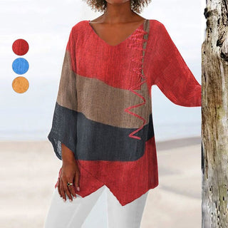 Damen V-Ausschnitt Patchwork Bluse | Asymmetrischer Saum