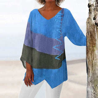 Damen V-Ausschnitt Patchwork Bluse | Asymmetrischer Saum