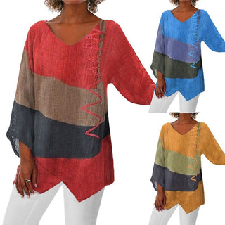 Damen V-Ausschnitt Patchwork Bluse | Asymmetrischer Saum