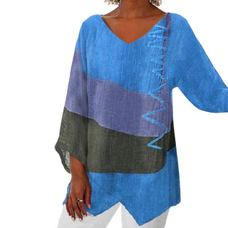 Damen V-Ausschnitt Patchwork Bluse | Asymmetrischer Saum