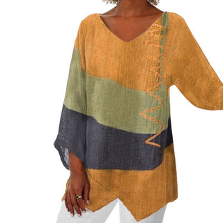 Damen V-Ausschnitt Patchwork Bluse | Asymmetrischer Saum