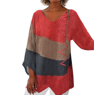 Damen V-Ausschnitt Patchwork Bluse | Asymmetrischer Saum